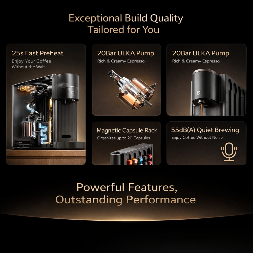 Automatic Capsule Coffee Machine with 19-Bar Pressure, Fast Heat-Up, Adjustable Cup Size, Magnetic Capsule Holder