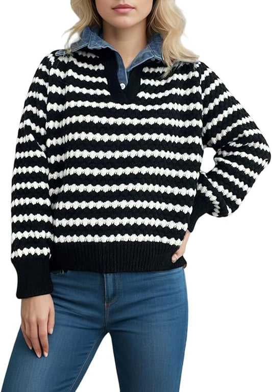 Women’s Striped Knit Sweater — Black and White Pullover with Crew Neck & Long Sleeves, Oversized Casual Warm Jumper for Autumn & Winter