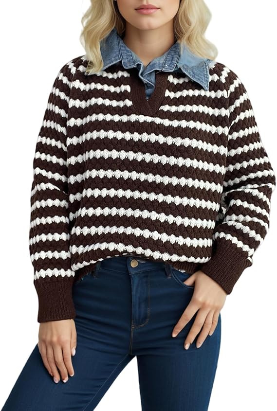 Women’s Striped Knit Sweater | Casual V-Neck Pullover | Long Sleeve Loose Fit Knitwear for Autumn & Winter