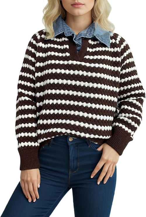 Women’s Striped Knit Sweater | Casual V-Neck Pullover | Long Sleeve Loose Fit Knitwear for Autumn & Winter