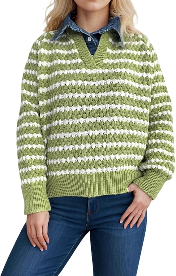 Women’s Green Striped Knitted Sweater | V-Neck Loose Pullover | Casual Long Sleeve Autumn Winter Top