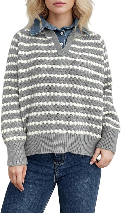 Women’s Grey and White Striped Knit Sweater | V-Neck Loose Pullover with Long Sleeves | Casual Autumn Winter Knitwear Top