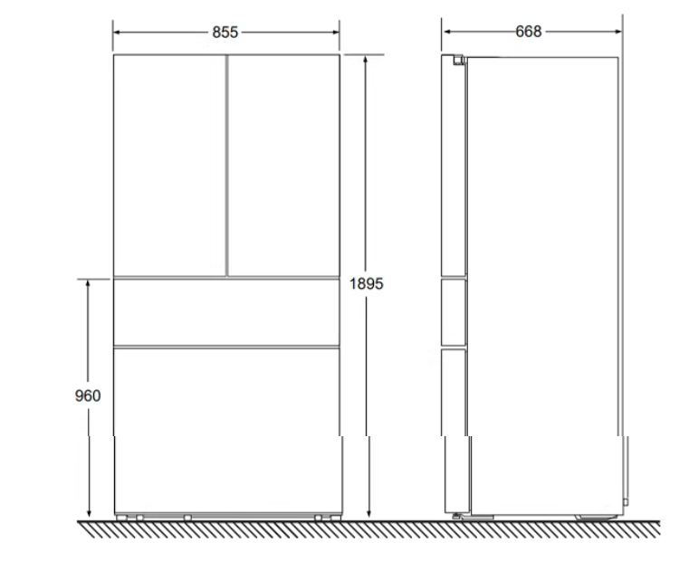 Built-In Multi-Door Refrigerator | Dual Door Top · Convertible Middle Drawer · Large Freezer Bottom | No-Frost · Zero-Fresh System (855 × 668 × 1895 mm)