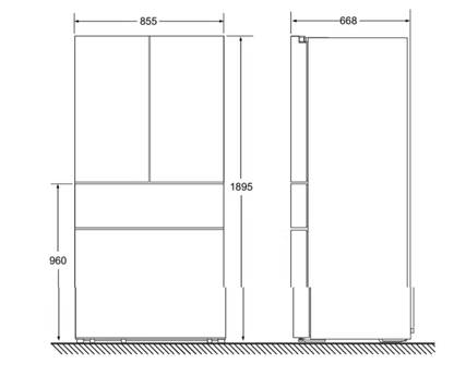 Built-In Multi-Door Refrigerator | Dual Door Top · Convertible Middle Drawer · Large Freezer Bottom | No-Frost · Zero-Fresh System (855 × 668 × 1895 mm)