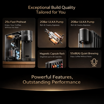 Automatic Capsule Coffee Machine with 19-Bar Pressure, Fast Heat-Up, Adjustable Cup Size, Magnetic Capsule Holder