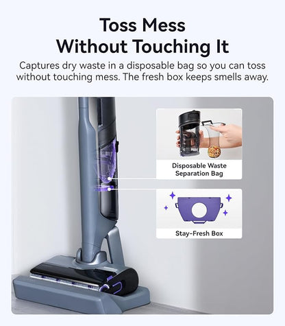 S30 Pro Wet Dry Vacuum Cleaner with 20000Pa Suction, Cordless Vacuum Mop for Hard Floors, Tangle-Free Hair-Cutting, 180° Lie Flat, 194°F Self-Cleaning, Disposable Waste Bag, Edge Cleaning