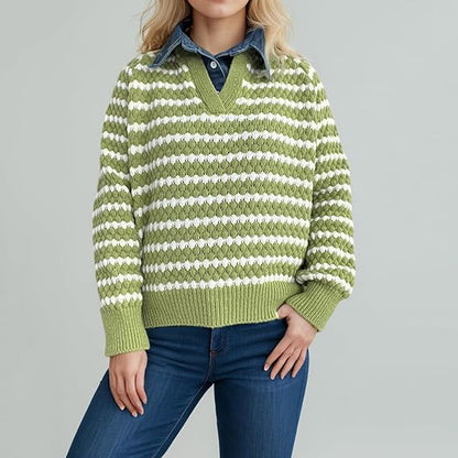 Women’s Green Striped Knitted Sweater | V-Neck Loose Pullover | Casual Long Sleeve Autumn Winter Top