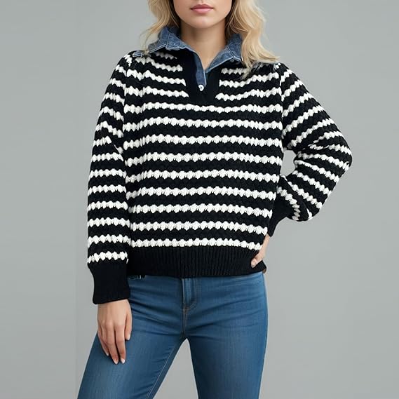 Women’s Striped Knit Sweater — Black and White Pullover with Crew Neck & Long Sleeves, Oversized Casual Warm Jumper for Autumn & Winter