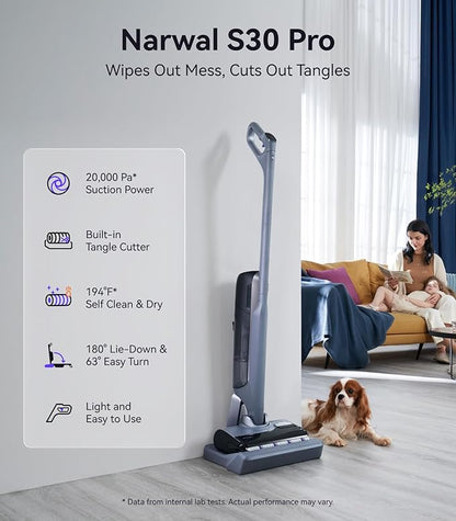 S30 Pro Wet Dry Vacuum Cleaner with 20000Pa Suction, Cordless Vacuum Mop for Hard Floors, Tangle-Free Hair-Cutting, 180° Lie Flat, 194°F Self-Cleaning, Disposable Waste Bag, Edge Cleaning