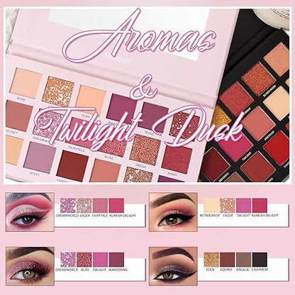 2Pcs Twilight Dusk + Aromas Nude Eyeshadow Palette Makeup Set, Matte Shimmer Glitter Pressed Pearl All Highly Pigmented Blending Powder, Natural Velvet Texture Eye Shadow Kit