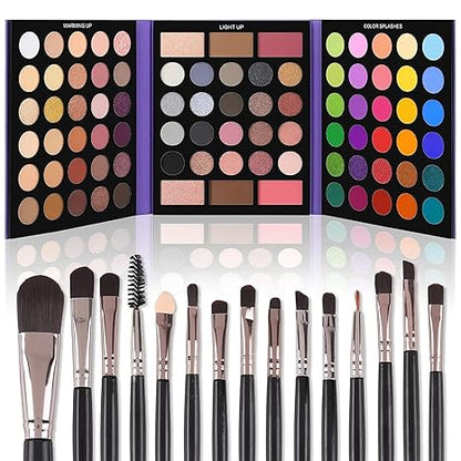 Eyeshadow Palette with 15Pcs Brushes Makeup Set, Pigmented 86 Colors Make Up Sets Valentine's Gift, Matte Shimmer Glitter Eye Shadow Pallet Highlighter Contour Blush Powder Brush Beauty Kit