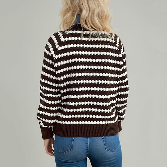 Women’s Striped Knit Sweater | Casual V-Neck Pullover | Long Sleeve Loose Fit Knitwear for Autumn & Winter