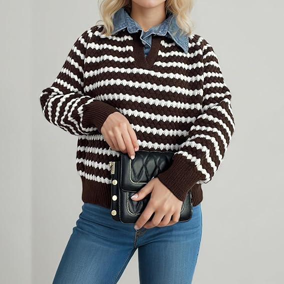 Women’s Striped Knit Sweater | Casual V-Neck Pullover | Long Sleeve Loose Fit Knitwear for Autumn & Winter