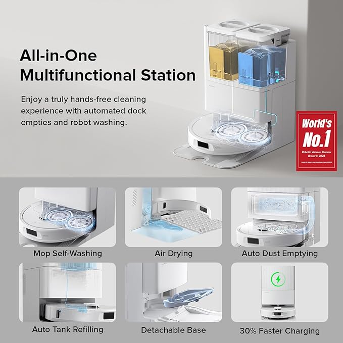 Qrevo Series Robot Vacuum and Mop, 8000Pa Suction, Upgraded from Qrevo S, Anti-Tangle Brush, Smart Obstacle Avoidance, Auto Mop Washing, All-in-One Dock, 200RPM Spinning Mops, White(QV 35A)