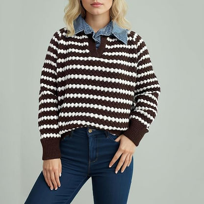 Women’s Striped Knit Sweater | Casual V-Neck Pullover | Long Sleeve Loose Fit Knitwear for Autumn & Winter