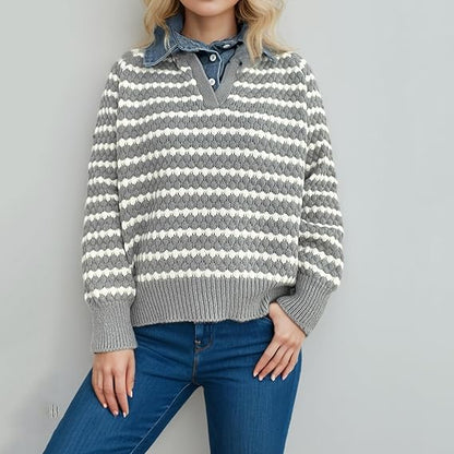Women’s Grey and White Striped Knit Sweater | V-Neck Loose Pullover with Long Sleeves | Casual Autumn Winter Knitwear Top