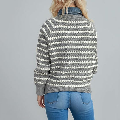 Women’s Grey and White Striped Knit Sweater | V-Neck Loose Pullover with Long Sleeves | Casual Autumn Winter Knitwear Top