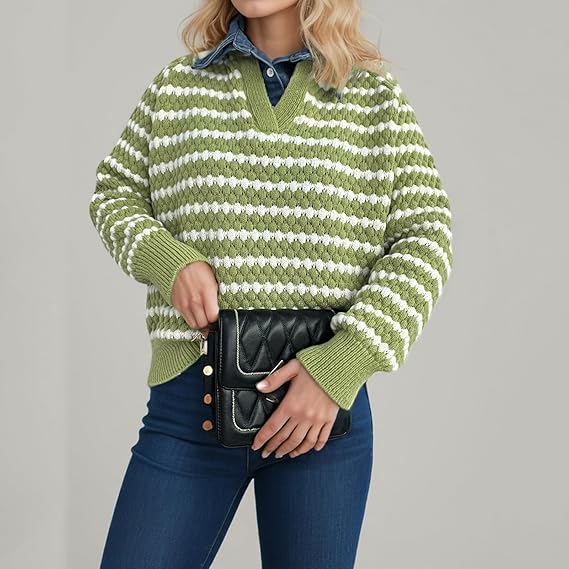 Women’s Green Striped Knitted Sweater | V-Neck Loose Pullover | Casual Long Sleeve Autumn Winter Top
