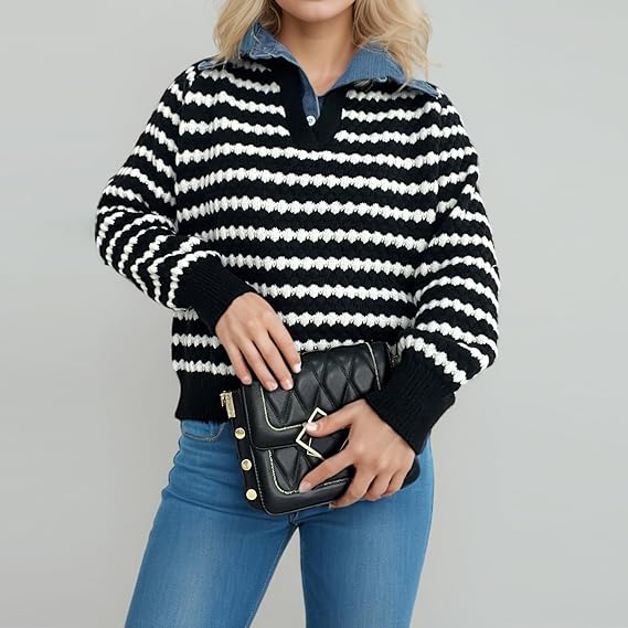 Women’s Striped Knit Sweater — Black and White Pullover with Crew Neck & Long Sleeves, Oversized Casual Warm Jumper for Autumn & Winter