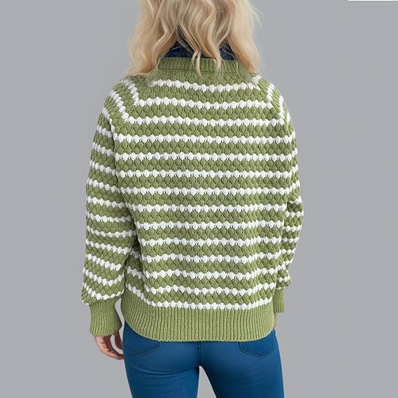 Women’s Green Striped Knitted Sweater | V-Neck Loose Pullover | Casual Long Sleeve Autumn Winter Top