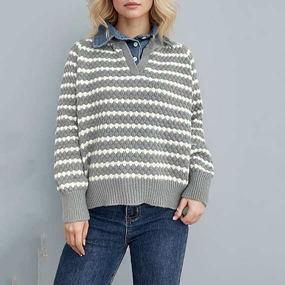 Women’s Grey and White Striped Knit Sweater | V-Neck Loose Pullover with Long Sleeves | Casual Autumn Winter Knitwear Top