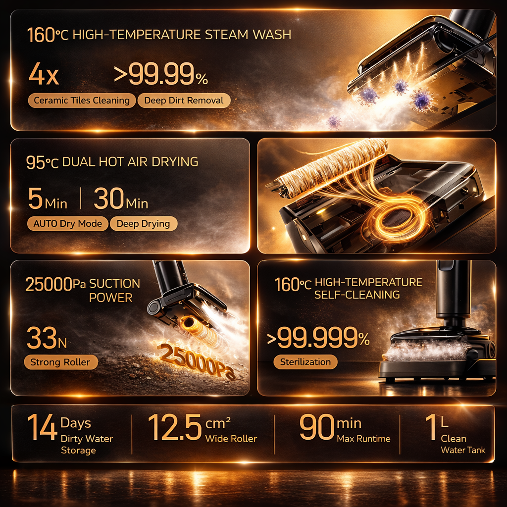 Steam Vacuum Mop, Hot Steam Floor Cleaner with Powerful Suction, Self-Cleaning Brush, Edge-to-Edge Cleaning for Hard Floors